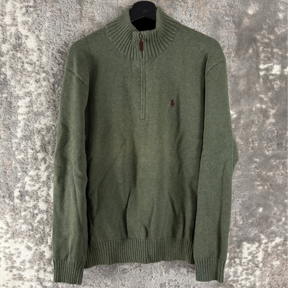 Polo Ralph Lauren Size L Quarter Zip Cotton Knit Pullover Sweater Green Long Men